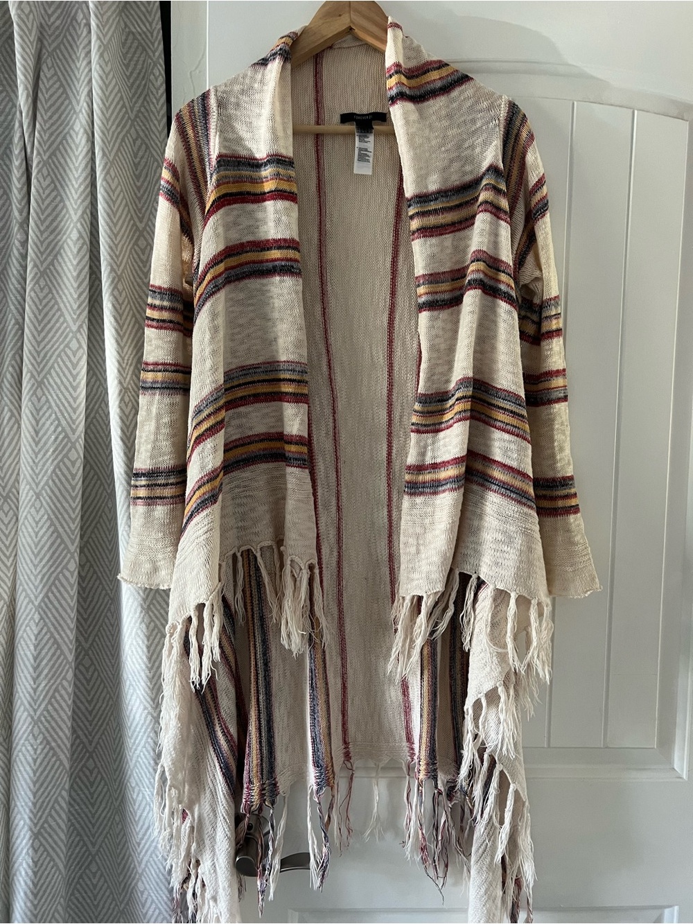 Forever 21 Cream Fringe Knit Cardigan with Red and Navy Accents - Small